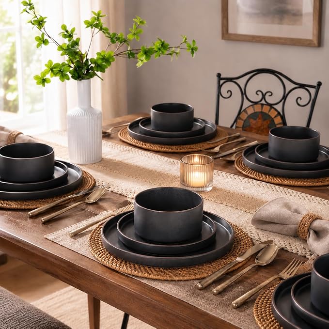 LERATIO Ceramic Dinnerware Sets of 4, High Edge Stoneware Plates and Bowls Set, Chip and Crack Resistant | Oven & Dishwasher & Microwave Safe Dishes Set, Service for 4 -Ashen