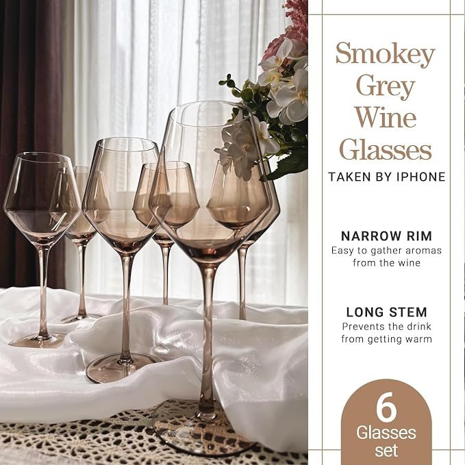 Smokey Sand Wine Glasses Set 6-16oz, Long Stem, Universal Size for White and Red Wine - Hand Blown Smoky Amber Brown Neutral Stemware for Home,Party