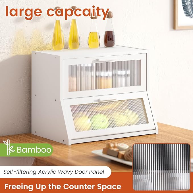 GHWIE Double Layer Bamboo Bread Box for Kitchen Counter,Large Capacity Bread Storage Bin,Bread Container with Acrylic Wavy Door Panel (White, Medium)