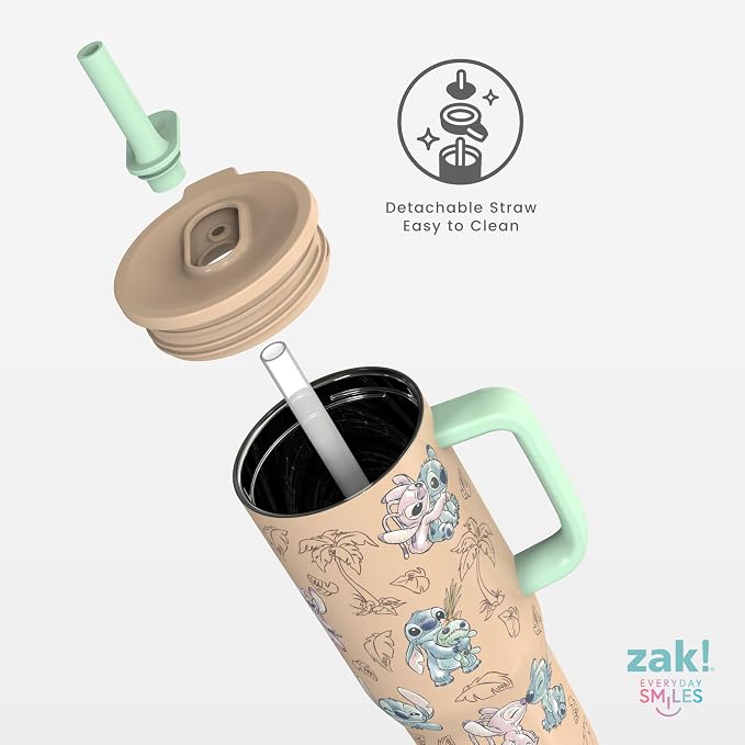 Zak Designs Disney Sutton Travel Tumbler for On the Go, 30oz Stainless Steel with Vacuum Insulation, Silicone Straw, and Carry Handle for Cold Drinks (Stitch, Angel)