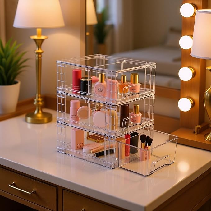 Small Stackable Clear Acrylic Storage Drawers(6 Pack) with Handles,Plastic Organizer Bins for Fridge Bathroom Kitchen Cabinet Pantry Coffee bar Undersink Office Closet Storage Bins