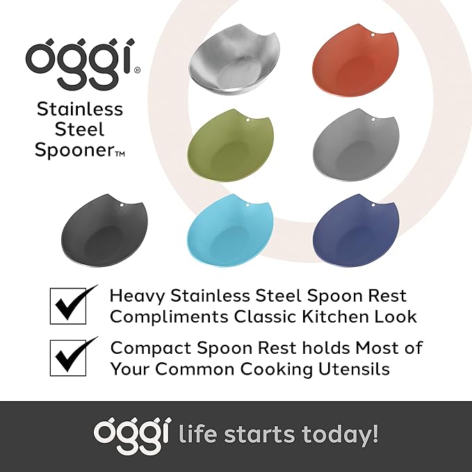 Oggi Spooner Stainless Steel Spoon Rest - Mess Free Cooking, Great for Kitchen Counter, Black, 5.25 x 3.5 Inch