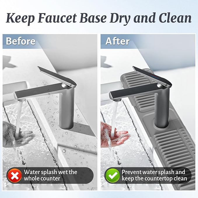 PoYang 24 inch Faucet Mat for Kitchen Sink Splash Guard, 7° Slope Silicone Sink Water Splash Guard for Kitchen Sink Area with Snap Button, Longer Sink Protectors for kitchen Sink Sponge Holder, Grey