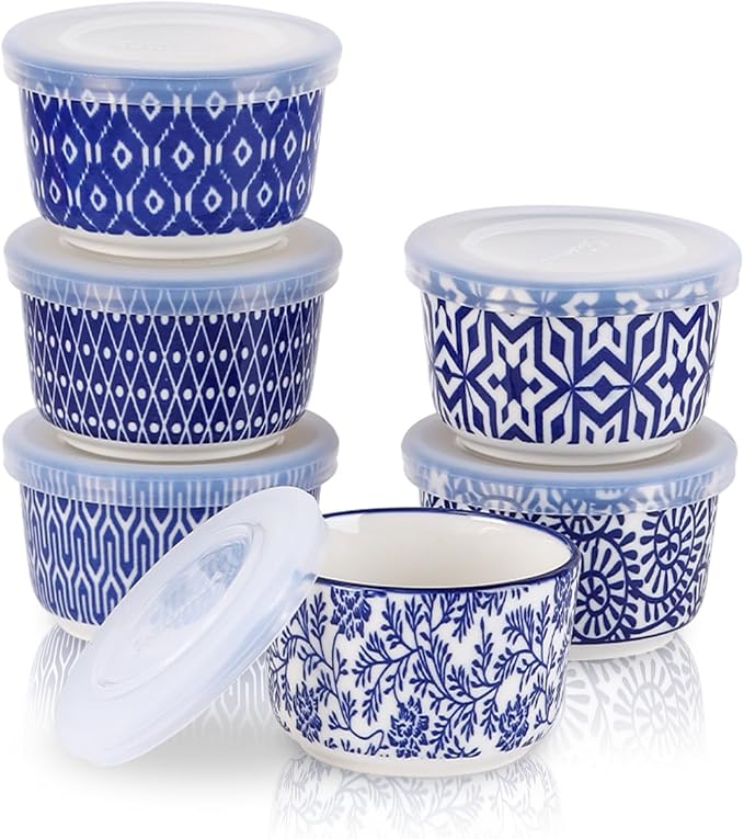 Selamica Ramekins with Lids 4 oz Oven Safe, Creme Brulee Ramekins Souffle Dishes with Covers, Stackable Ceramic Mini Ramekin Bowls Set for Dipping, Custard, Pudding, Baking, Set of 6, Vintage Blue