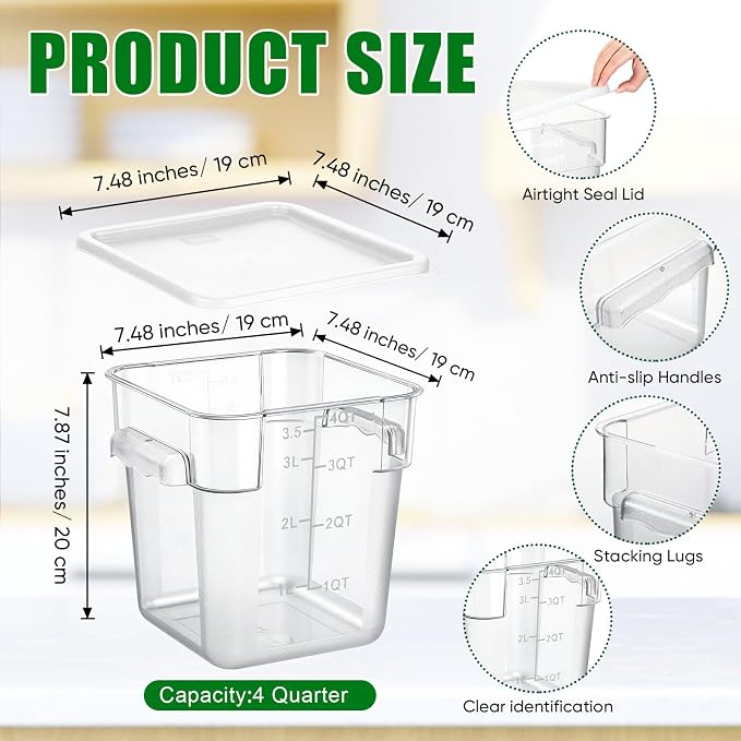 FoldTier 2 Pieces Square Food Storage Containers Polycarbonate Clear food Container with Lid Commercial Storage with Graduations for Commercial Kitchen Dough Marinating Meat(White,4 Qt)