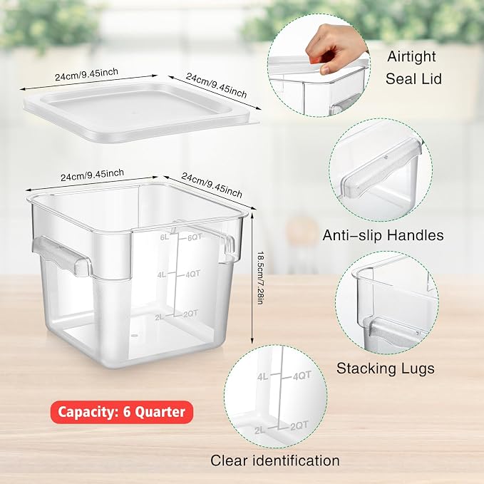 FoldTier 2 Pieces Square Food Storage Containers Polycarbonate Clear food Container with Lid Commercial Storage with Graduations for Commercial Kitchen Dough Marinating Meat(White,6 Qt)