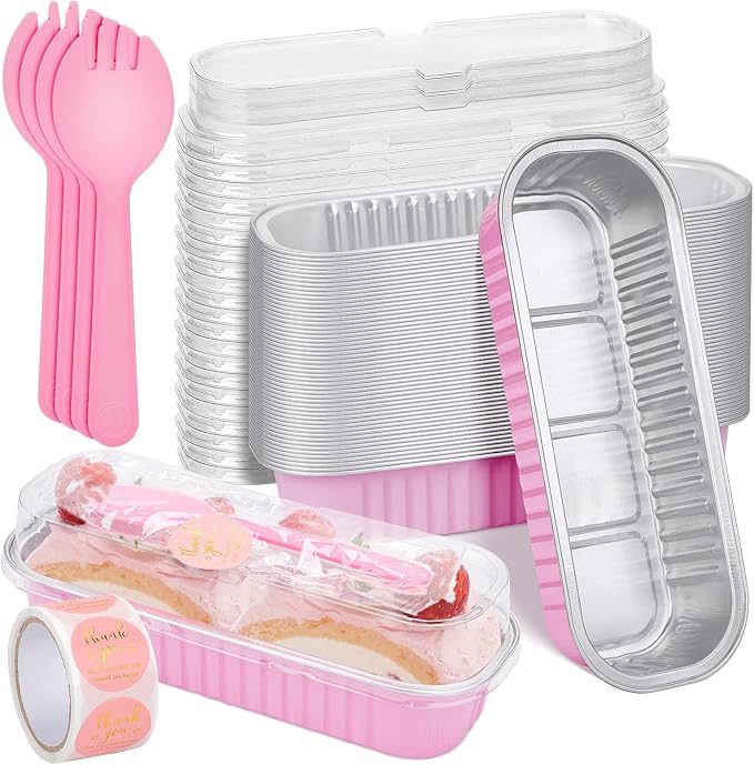 100Pack Pink Mini Cake Pans with Lids Mini Loaf Pans and Spoons and Stickers, 6.8Oz Aluminum Foil Pans Tins, Individual Dessert Cups Containers for Sales,Party,Picnic