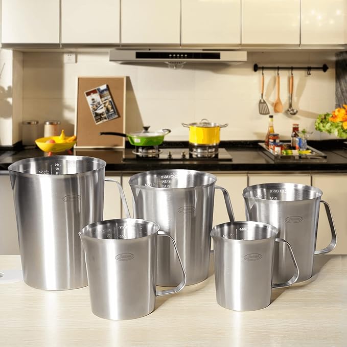 Newness Stainless Steel Measuring Cup, Metal Measuring Cup with Handle (Upgraded, 3 Marking Including Cup/ML/Ounce Scale), 16 Ounces (0.5 Liter, 2 Cup)