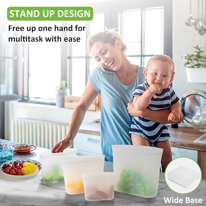 100% Silicone Reusable Storage Bag, 16 Pack Stand-Up Wide-Mouth Zip-Lock Food Storage Bags, Easy-Fill Easy-Open Easy-Clean Space-Saving, Microwave & Dishwasher Safe, 2 XL/4 L/4 M/4 S/2 XS, Translucent