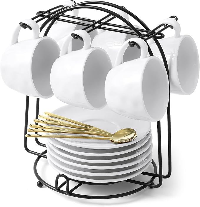 4 oz Espresso Cups with Saucers and Metal Stand, Spoons, Porcelain Stackable Coffee Cups, Demitasse Cups, Perfect for Single or Double Espresso, Cappuccino, Latte and Tea - Set of 6, White