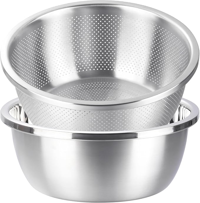 Colander and Bowl Set 2.3QT (2-in-1) - Thickened 304 Stainless Steel Kitchen Strainer Bowl for Fruit, Pasta, Vegetables, Rice - Heavy Duty, Induction Cooker & Dishwasher Safe