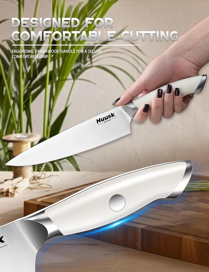 Huusk Knife Set with Block - 14 Pieces Japanese Stainless Steel Knives Blocks Set for Kitchen with Ergonomic Ivory White Handle Natural Wood Block Housewarming Gift for Women Men