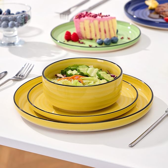 Bonita Dinnerware Sets 18 Pieces, Blue Stoneware Dishes Set for 6, Plates Set and Bowls Sets, Dishwasher and Microwave Safe (Vibrant 18, large)