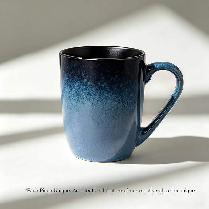 MONITO Large Ceramic Coffee Mugs Set with Handle for Tea/Latte/Cappuccino/Milk/Cocoa, Ice-Snow Blue 14oz, Set of 6, Funny Tea Cups for Office and Home