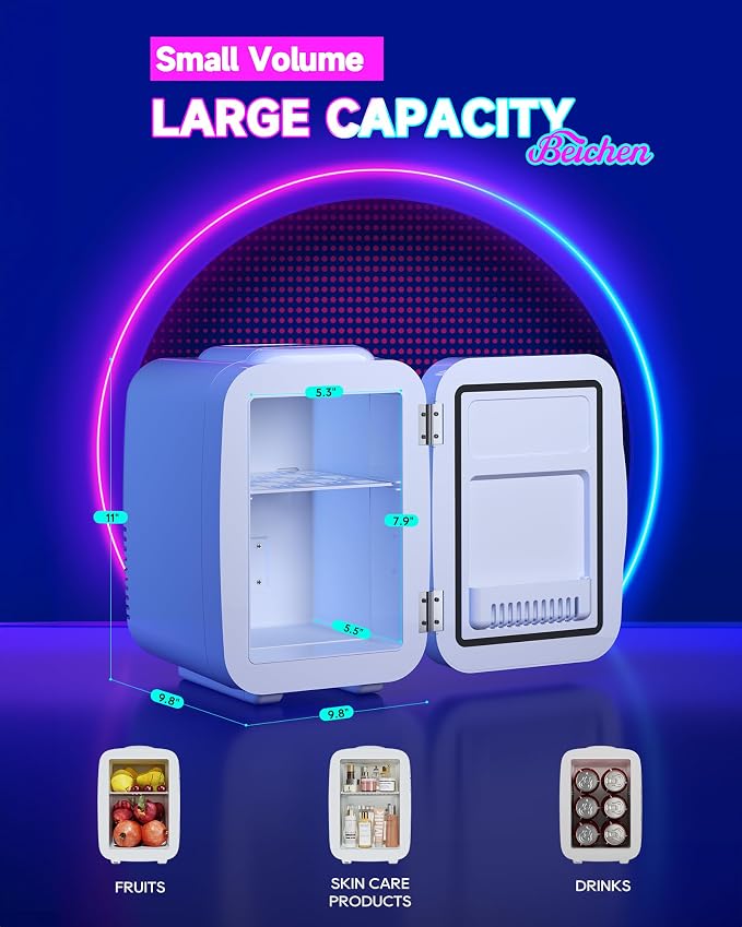 BEICHEN Mini Fridge, 4 Liter/6 Cans Small Refrigerator With Dimmable LED Light,AC/DC Portable Thermoelectric Cooler and Warmer Gaming mini fridge for Bedroom,Office,Gaming room and Car (White)