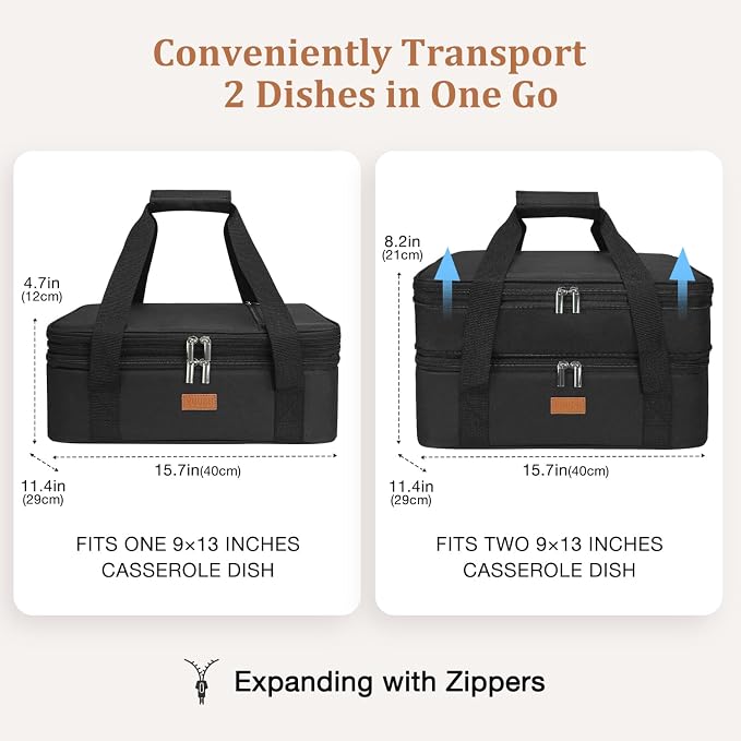 Expandable Casserole Carrier Bag - Double Decker Food Bag, Insulated Casserole Carrier for Hot or Cold Food, Lasagna Holder Tote for Picnics,Beaches,Traveling or Gifts