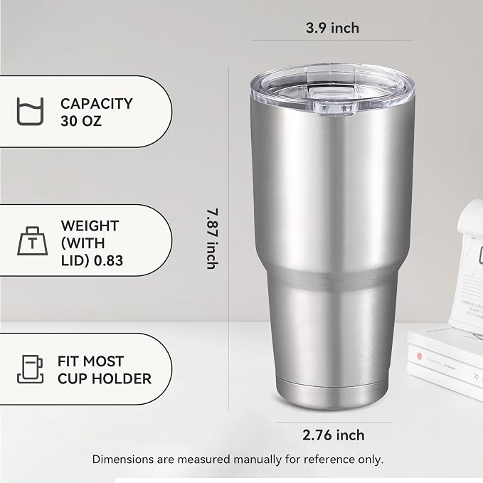 30 oz Tumbler with Lid Stainless Steel Tumblers Bulk Vacuum Insulated Cup Reusable Powder Coated Travel Mug Double Wall Leak Proof Cups Keep Cold Drinks for 12 Hours Stainless, Set of 8