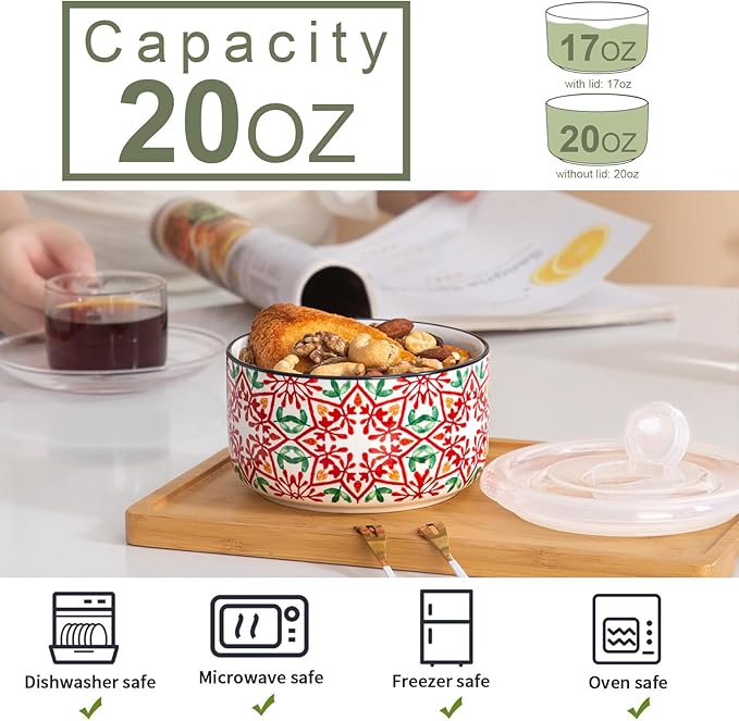 Ceramic Bowls Set with Lids: Set of 4 Microwave Safe Bowls for Soup Meal Prep Cereal Salad Fruit - Food Storage Containers with Lids for Work Lunch Pinic Camping - Pattern A1