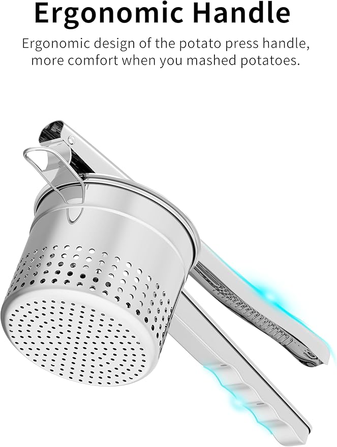 GloTika Large 15oz Potato Ricer, Heavy Duty Stainless Steel Potato Masher with Ergonomic Handle, Masher and Ricer Kitchen Tool for Mashed Potatoes, Noodle Maker