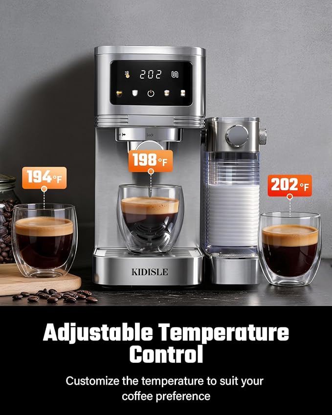 KIDISLE 20 Bar Espresso Machine with Automatic Milk Frother, Cappuccino & Latte Maker, Dual Boiler Coffee Machine (1350W + 1000W), 44oz Water Tank, 24oz Milk Reservoir, Touchscreen, Stainless Steel
