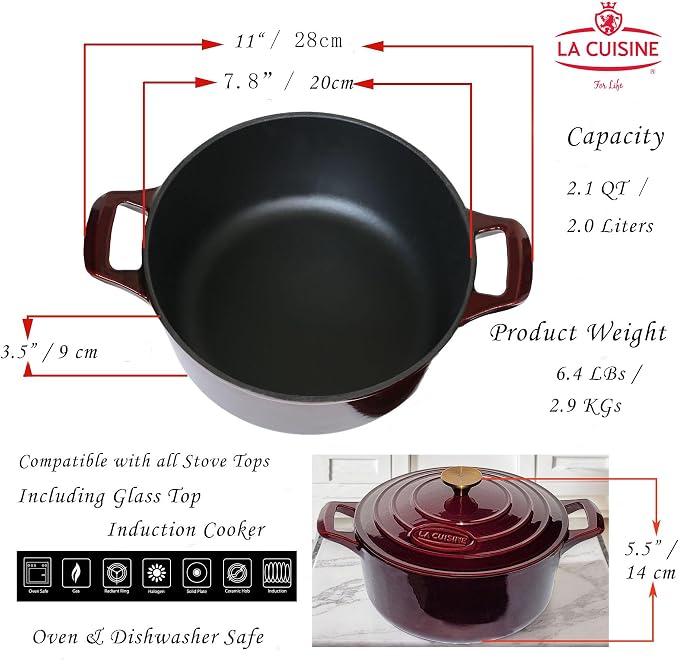 La Cuisine Enameled Cast Iron Dutch Oven Casserole Dish Pot with Lid, 2.1 QT 7.9“ /20cm Dia. Internal Matt Black Enamel Coating, Gold-Plated SS Lid Handle Oven Safe up to 500° F, Cranberry