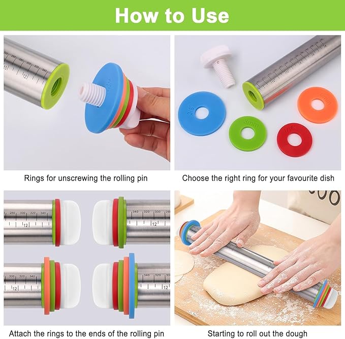 Rolling Pin and Pastry Baking Mat Set, 17-inch Rolling Pins with Adjustable Thickness Rings, Stainless Steel Dough Roller for Baking Fondant, Pizza, Pie, Pastry, Pasta, Cookies (black)