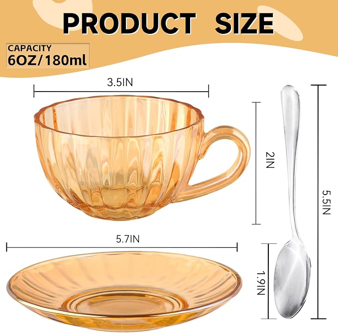 Glass Tea Cups and Saucers Set of 6, Glass Coffee Mugs with Stainless Steel Spoon, Dishwasher & Microwave Safe Teacups for Espresso Cappuccino Latte Tea Juice, 6OZ/180ML, Amber