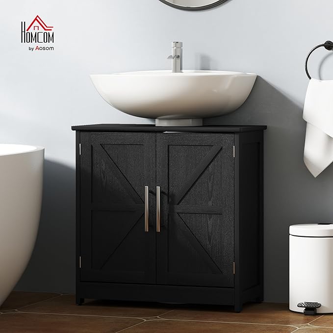 HOMCOM Pedestal Sink Storage Cabinet, Farmhouse Freestanding Bathroom Sink Cabinet with 2 Barn Doors and Adjustable Shelf, Distressed Black