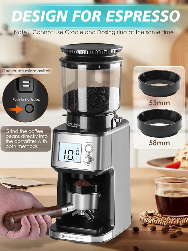 Homtone Conical Burr Espresso Coffee Grinder – 51mm Stepless Electric Bean Grinder with Grind Settings, Precision Timer, Stainless Steel Mill with Portafilter Holders, Anti-Static for Drip/Moka