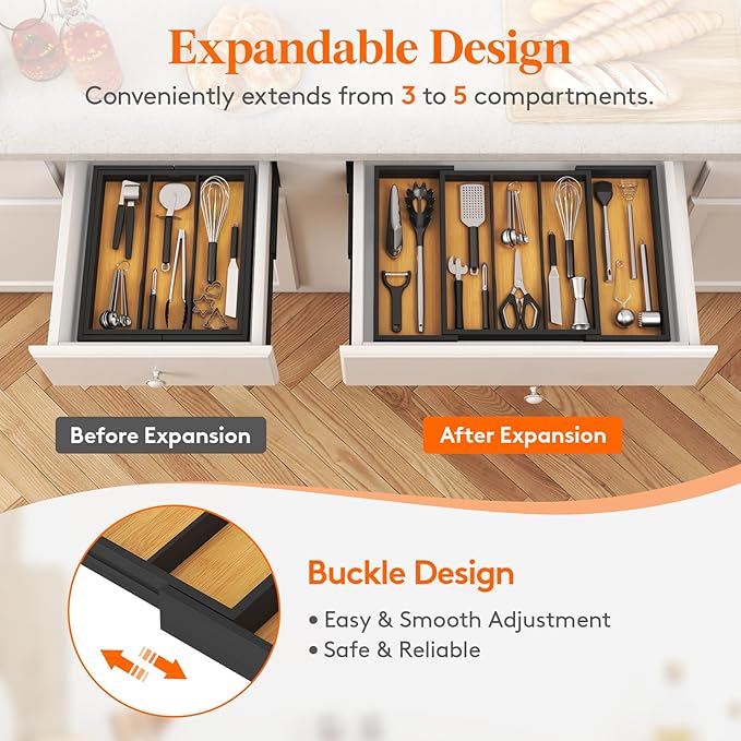 Lifewit Silverware and Cooking Utensil Drawer Organizer Set – Expandable Adjustable Bamboo Storage for Cutlery, Flatware, Spoons, Forks, Knives, and Kitchen Tools, BPA-Free, Natural and Black