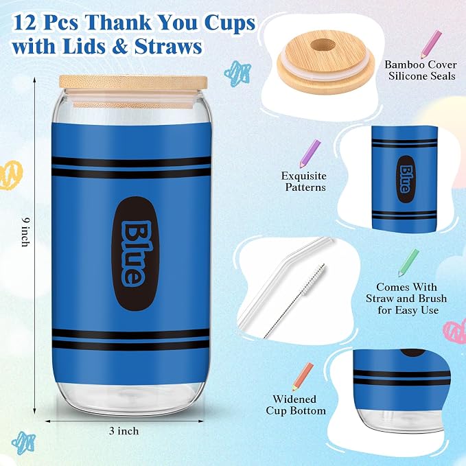 Skylety 12 Set Back to School Teachers Appreciation Gifts Bulk 16 oz Crayon Cups with Lid and Straw Spiral Notebooks Sticky Note Pens for Back to School Party Classroom Supplies