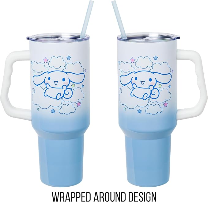 Silver Buffalo Sanrio Hello Kitty and Friends Featuring Cinnamoroll in Stars and Clouds Double Walled Stainless Steel Tumbler with Handle and Straw, Fits in Standard Cup Holder, 40 Ounces