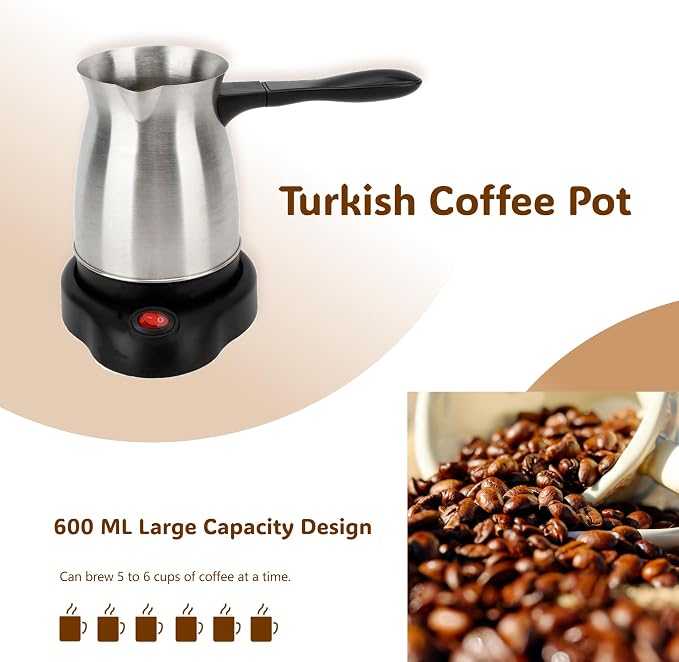 Gugxiom 600ml Electric Turkish Coffee Pot, Stainless Steel Turkish Coffee Maker, Heating Tea Maker Kettle For Home Travel