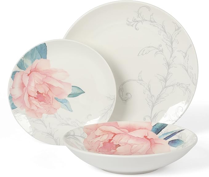 Martha Stewart Peony 12 Piece Porcelain Floral Chip and Scratch Resistant Dinnerware Set