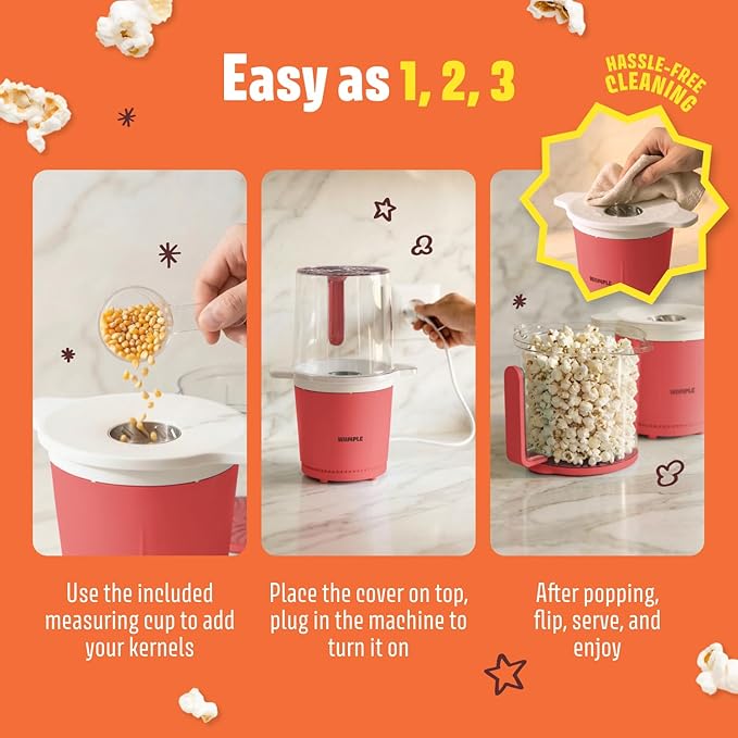 Air Popper Popcorn Machine - 10-Cup Air Pop Popcorn Maker with Measuring Cup - Hot Air Popped Oil-Free Compact Popcorn Popper - Movie Nights & Parties - Red