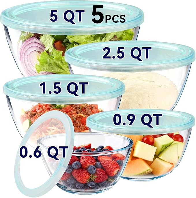YUANYE 5 Pack Glass Mixing Bowls with Lids Set (5QT/2.5/1.5/0.9/0.6QT), Thick Glass Large Salad Bowl Set, Nesting Kitchen Bowls for Serving,Prepping,Cooking and Baking,Dishwasher,Oven,Microwave Safe