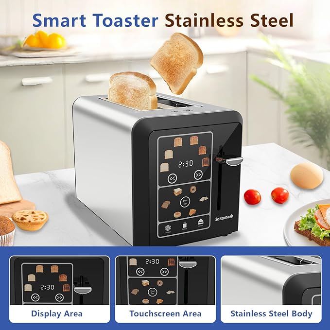 SAKAMOSH Touch Screen Toaster 2 Slice, Smart Digital Toasters, 6 Browning Levels & 6 Bread Types, Bagel Memory Function, Timer, Stainless Steel, 800W