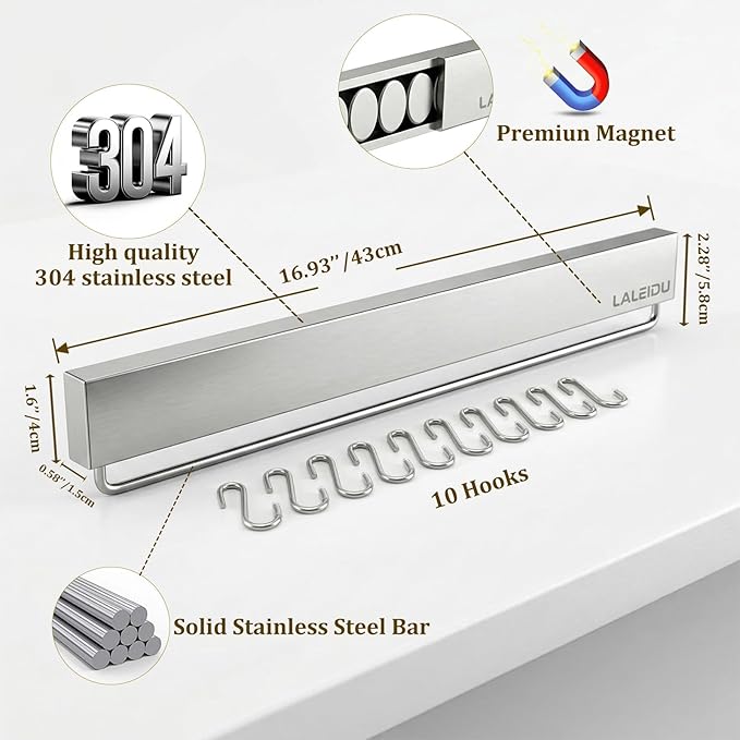 17 Inch Magnetic Knife Holder for Wall - Magnetic Knife Strip with Strong Magnets, Stainless Steel Magnetic Knife Bar with 10 Hooks/Adhesive Tape/Screws, Wall Mounted Knife Storage for Kitchen