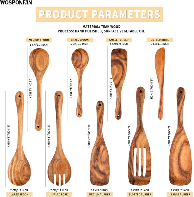Wooden Utensil Set 9 Pcs,Sturdy & Easy to Clean, Natural Teak Wooden Spoons for Cooking,Spatula Set, Slotted Spoon, Wooden Spoon Set,Terrific for Everyday Kitchen Tasks