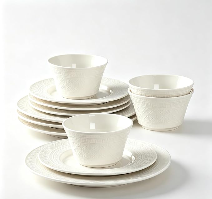 4-piece set, ceramic tableware set, relief plate and bowl set, microwave and dishwasher compatible tableware set, shatterproof and scratch resistant dinner set, irregular edge design, white