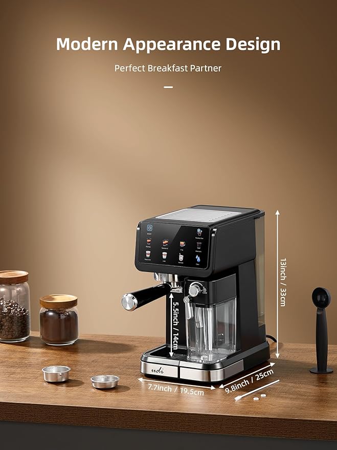 UDI 20 Bar Espresso Machine, 9-in-1 Coffee Maker with Automatic Milk Frother & Detachable Milk Tank, One-Touch Cappuccino Latte Macchiato Americano Iced Espresso, Self-Cleaning Function for Home Use