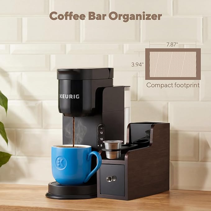 Coffee Pod Maker Stand, Solid Wood Reusable K-Cup Filter Holder & Filling Station with Coffee Ground Storage Drawer & Waste Bin, Countertop Wood Coffee Bar Organizer, Easy Daily Refill (Walnut)