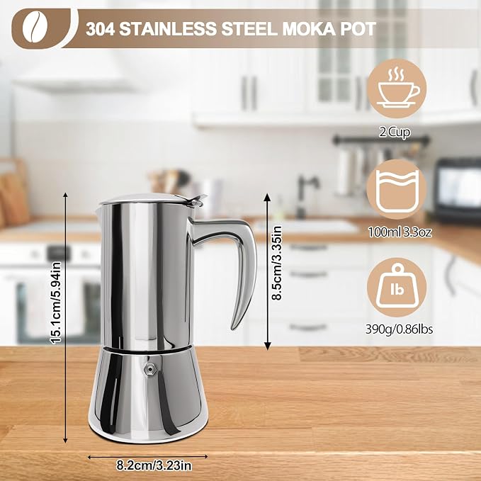 304 Thickened Stainless Steel Uncoated 2 Cup Moka Pot Coffee Maker Stovetop Espresso Coffeemaker Italian Classic Brewing Greca Cafe Mocha Machine for Cafeteras Camping Travel Home 100ml 3.3oz