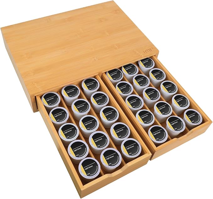 HTB K Cup Holder Compatible Coffee Pod Storage Drawer, Bamboo 2 Drawer | K Cup Organizer, 2 Drawer, Removable Divider, Slim Version, Space-Saving, Coffee Pod, Capsule, Classic, Durable