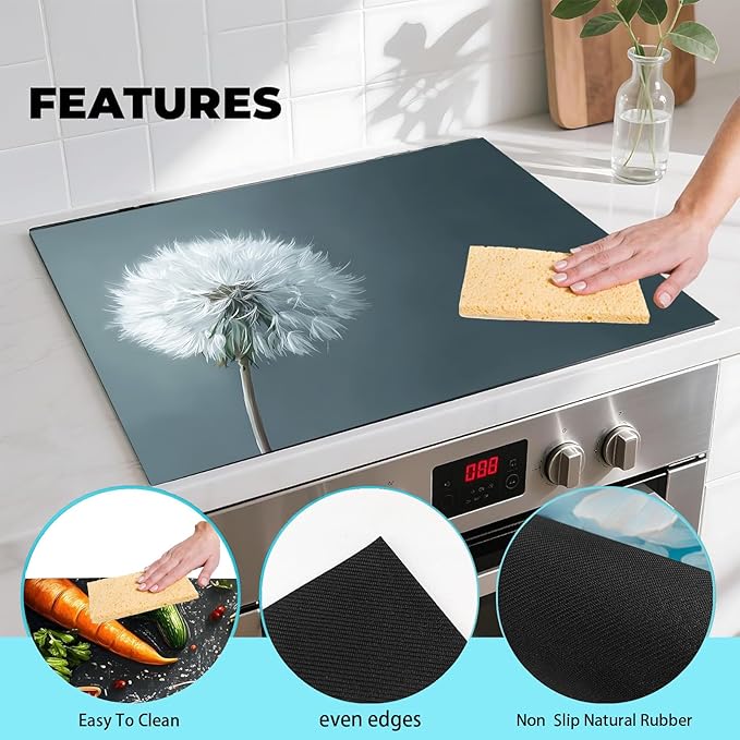 Minimalist White Dandelion Stove Top Cover for Electric Stove, 28.3 × 20.5 Inch Heat-Resistant Cover, Soft Neutral Botanical Artwork, Modern Kitchen Decor
