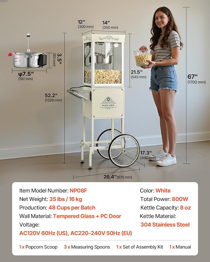 VEVOR Popcorn Machine with Cart, 8oz Stainless Steel Kettle, 800W Commercial Popcorn Maker, 48 Cups per Batch Theater Style Popper, with 2-Button Control Glass Wall PC Door 1 Scoop 3 Spoons, White