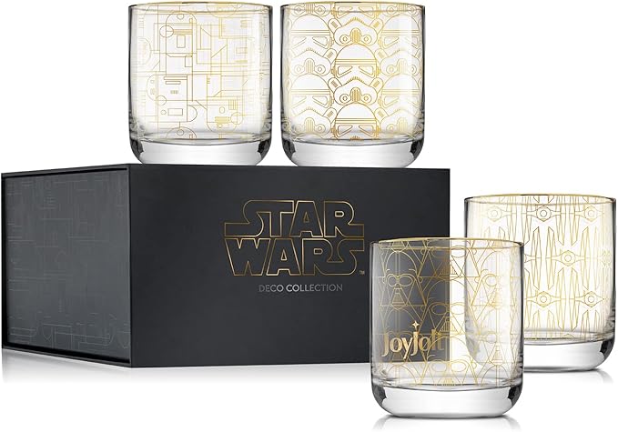 JoyJolt Star Wars Glassware. 'Deco' Lowball Glasses Set of 4, 10oz Star Wars Glasses. Short Tumbler with Darth Vader in Retro Crystal Glass Cup. Double Old Fashioned Rocks or Water Glass