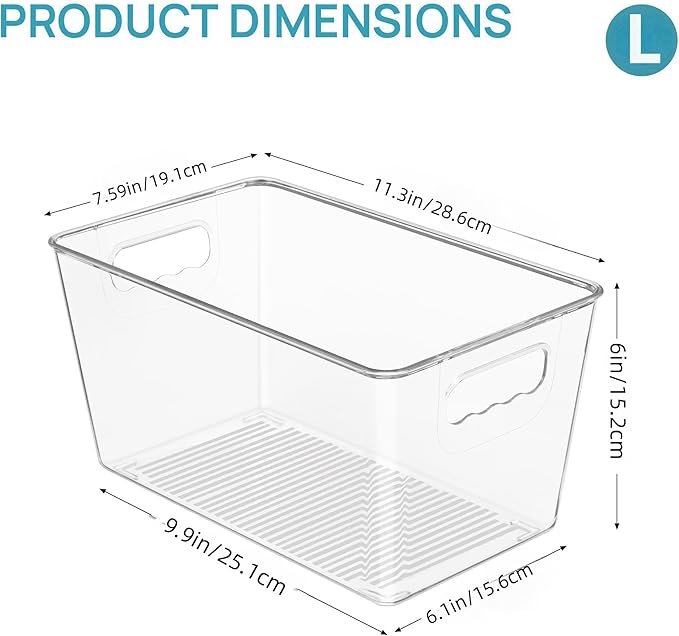 Fridge Organizer Bins, 4 Pcs Clear Plastic Storage Containers Stackable Kitchen Storage Bins for Refrigerator, Pantry, Food, Freezer, Cabinet, Bathroom, Snacks, GY204801