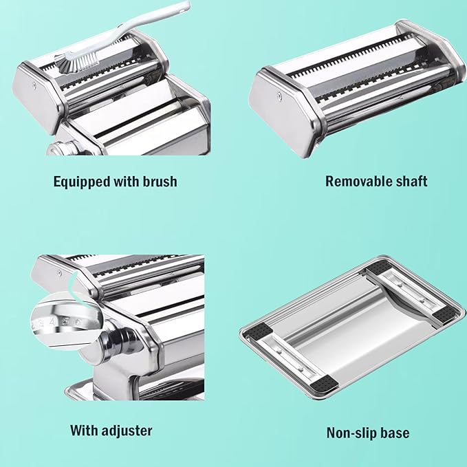 Pasta Maker Machine, Manual Pasta Makers 9 Adjustable Thickness Settings, Noodles Maker with Aluminum Alloy Rollers and Cutter for Spaghetti, Fettuccini, Lasagna, Dumpling Skins (with Brush)