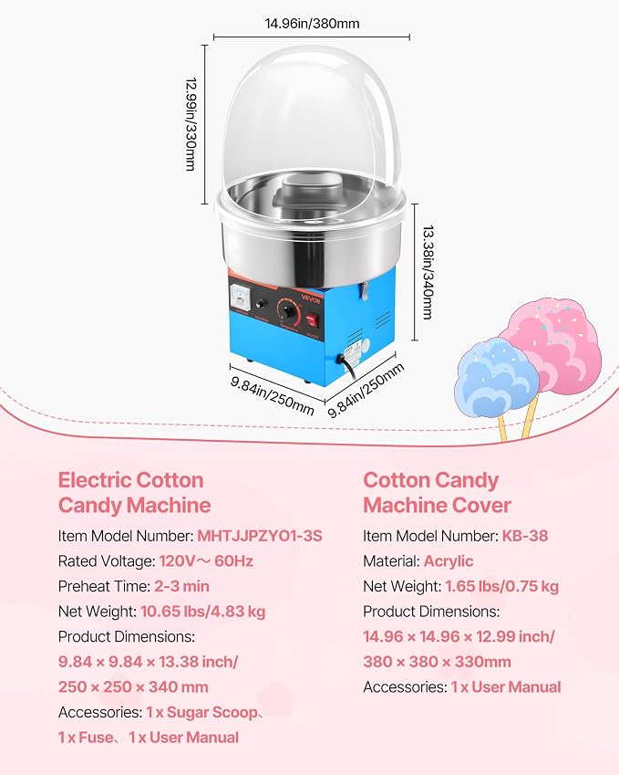 VEVOR Electric Cotton Candy Machine, 1000W Commercial Floss Maker With Cover, Commercial Cotton Candy Machine w/Stainless Steel Bowl & Sugar Scoop, Ideal for Carnival, Birthday, Family Party, Blue
